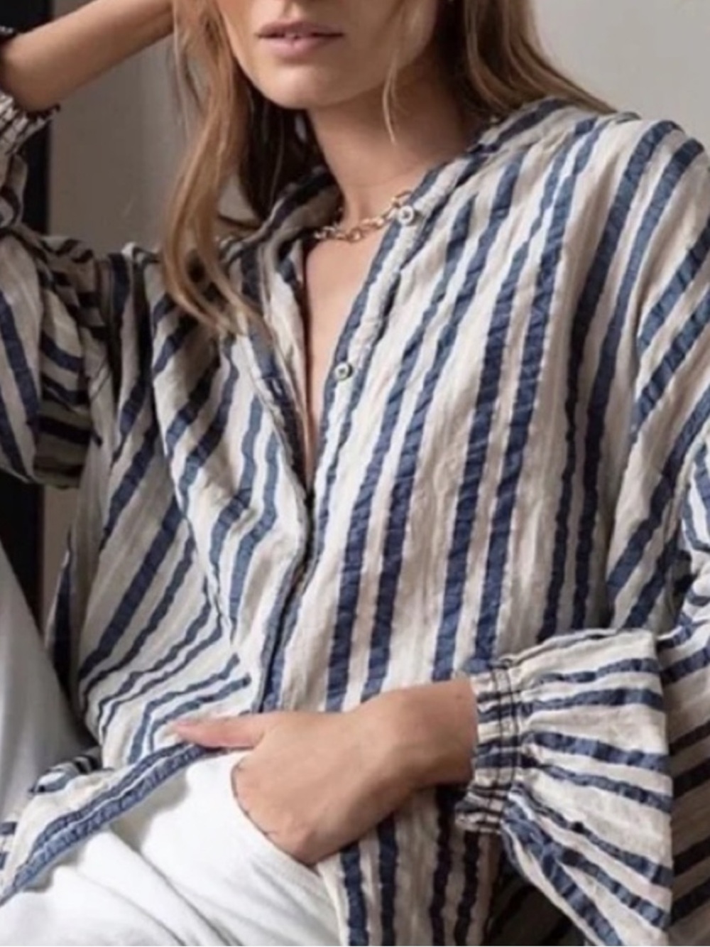 We the Free Set Sail Balloon Sleeve Blouse Size Small Striped Blue Gray